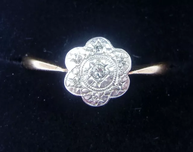 Antique Art Deco 9ct Gold, Platinum & Diamond Daisy Ring, Size K 2