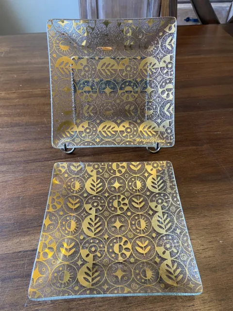 2 Vintage Georges Briard Gold Plate,6” Square Dish, Signed, Gold Leaf Design MCM