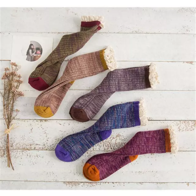 Lace Trim Socks Ladies Knitted Ankle/Crew Cute Unique Colorful 1 Pair Cotton Rib