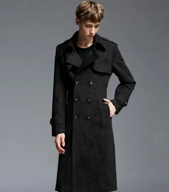 Mens Double Breasted Suede Leather Long Jacket Trench Coat Overcoat Outwear Coat