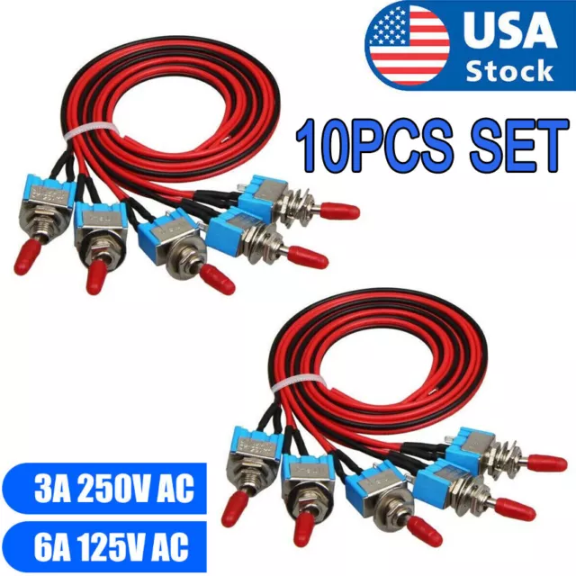 10PCS SPST Mini Toggle Switch Wires On/Off Metal Small Automotive/Boat/Car/Truck