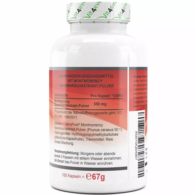 Montmorency Sauerkirsche - 100 Kapseln (vegan) a 550mg Extrakt 50:1 Hochdosiert 2