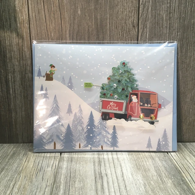 Burgoyne 3D Christmas Greeting Card Handmade Tree Elf Santa Truck Sparkle NEW