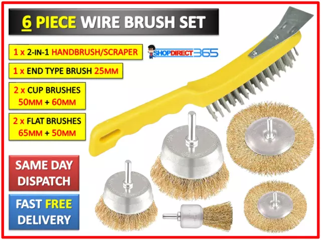 6Pc Rotary Wire Wheel Cup Flat Brush Set For Drill Rust Cleaning Attachment 3-14