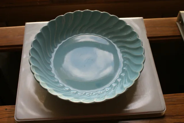 Old Vintage Art Pottery Scalloped Serving Bowl Blue Swirls China Dinnerware
