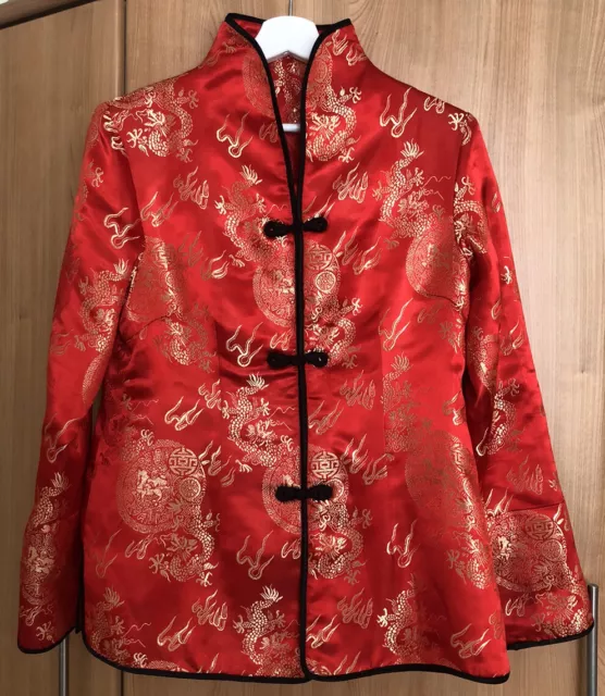 Asian Satin Brocade Jacket In Red & Gold With Quilted Lining Women Size M