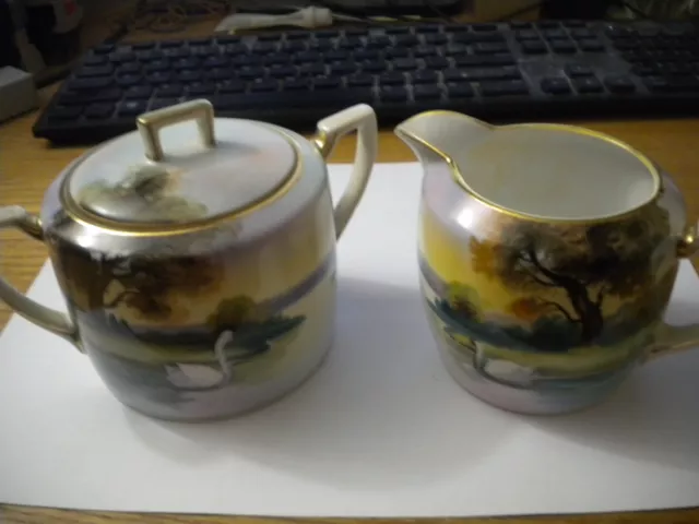 Vintage Noritake Hand Painted Nippon Swan Design Sugar & Creamer Set Japan
