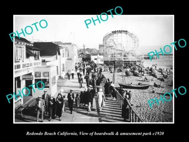 OLD POSTCARD SIZE PHOTO OF REDONDO BEACH CALIFORNIA THE BOARDWALK c1920