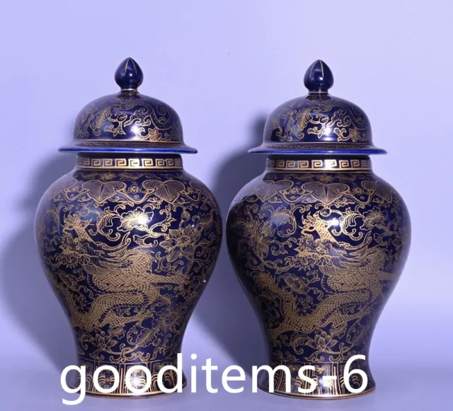 9.4"Old China Porcelain A pair of Qing Qianlong blue glazed dragon pattern jars1