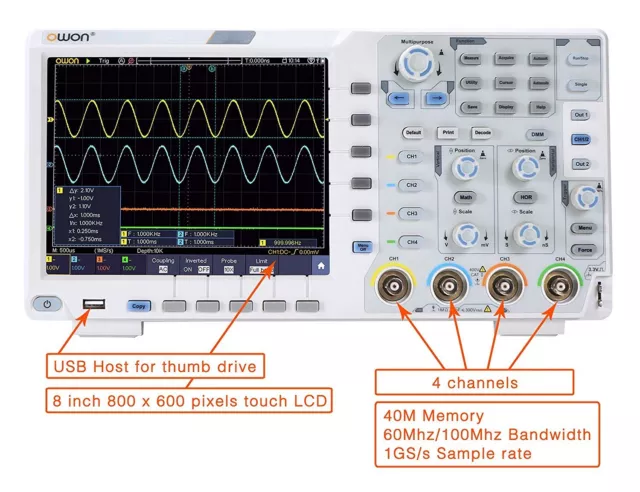 OWON XDS3064E 60MHz 4CH 8bits 40M Tactile Oscilloscope I2C, Spi , RS232 Décodeur