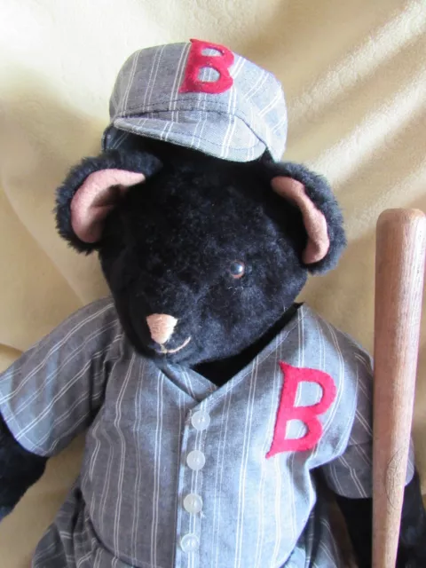 Vintage Black Teddy Bear Rare Baseball Bat Red Socks Uniform B Church Artist 21" 3