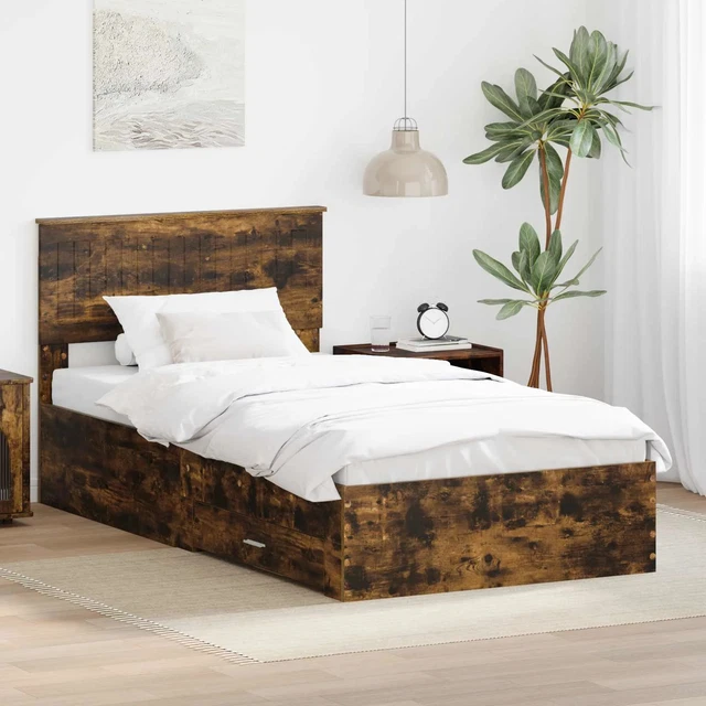 BED FRAME WITH Drawer Smoked Oak 100 x 200 cm Engineered Wood vidaXL £ ...