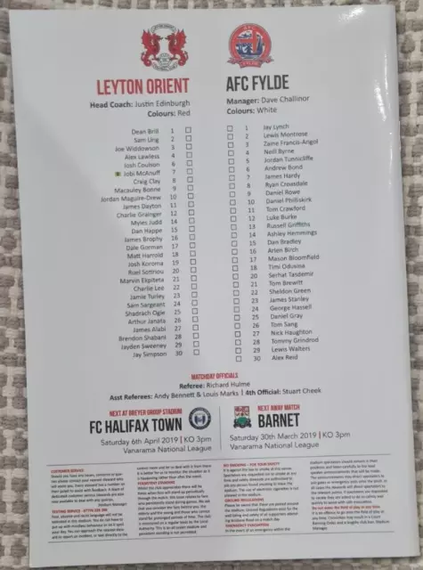 LEYTON ORIENT v AFC FYLDE 26/3/19 Football Programme 2