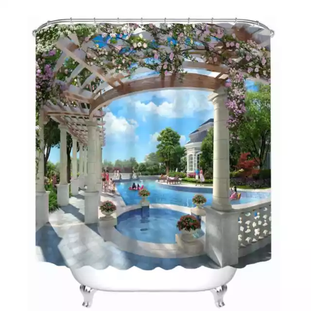 Family Pool And Garden 3D Shower Curtain Polyester Bathroom Decor  Waterproof