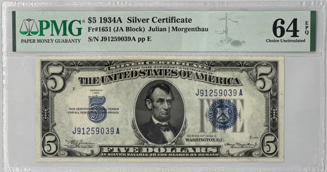 1934-A $5.00 Silver Certificate, Fr. 1651, PMG 64-EPQ, very Choice Uncirculated
