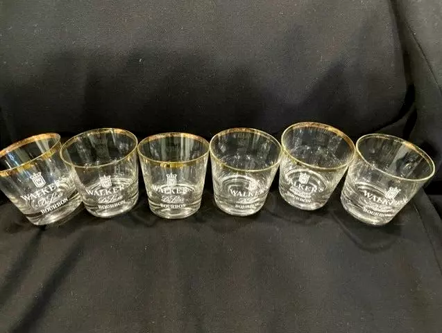 Vintage Walker's Deluxe Bourbon Gold Rim Rocks Glasses Barware Retro - Set of 6