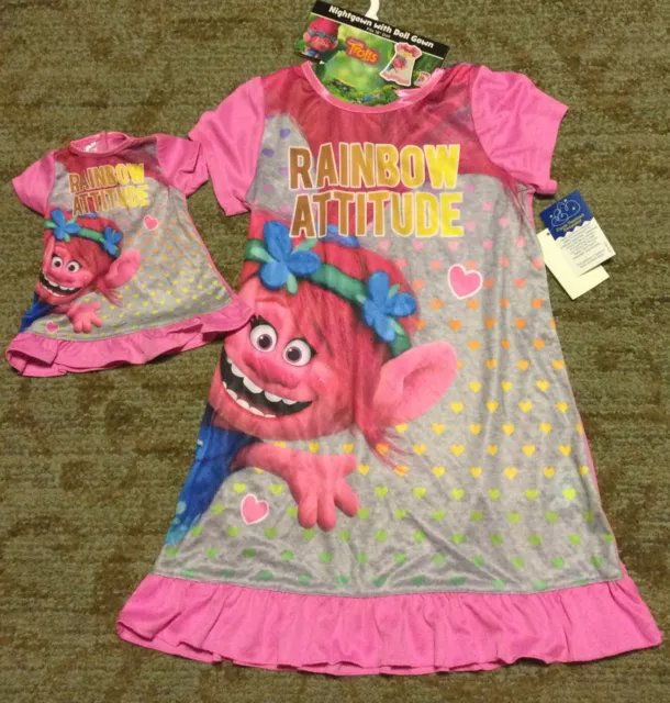 New Trolls Girls Nightgown w/ Matching Doll Gown Poppy Rainbow Attitude Size 6