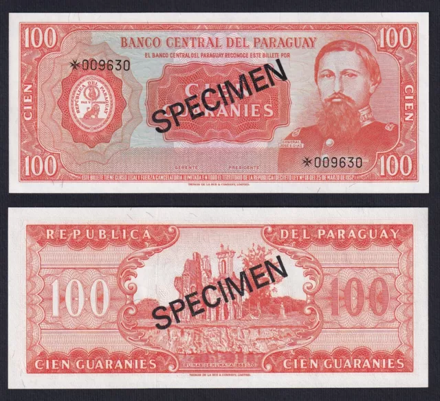 Paraguay 100 Guaranies L.1952(1963) P 199bs Specimen Fds / UNC L-DR