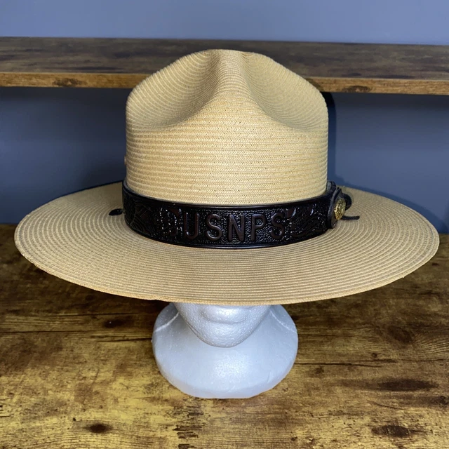 Vintage National Park Service Ranger Straw Hat Leather Pine Cone Band  Sz 7
