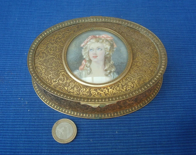 Coffret à Bijoux Vintage Avec Peinture Miniature - Intérieur Velour - Doré Et Bronze - Occasion