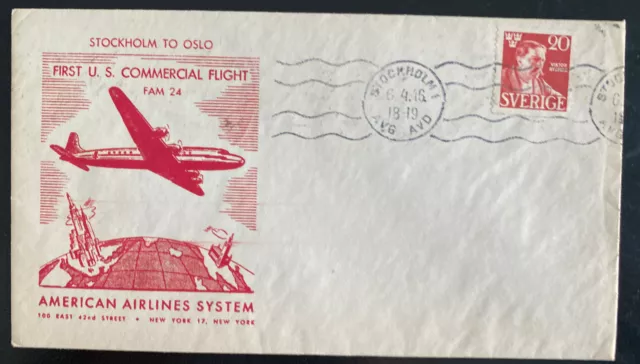 1946 Stockholm Sweden Airmail First Commercial Flight cover To Oslo Norway AA