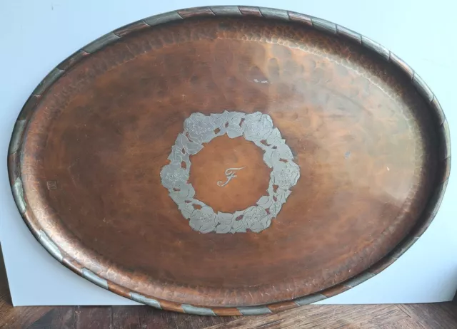 14 Ins Hugh Wallis Oval Copper Hand Hammered Tray -Silvered Decoration -HW Stamp