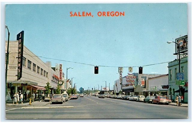 SALEM, OR Oregon ~ Downtown STREET SCENE Johnson's c1960s Cars Postcard