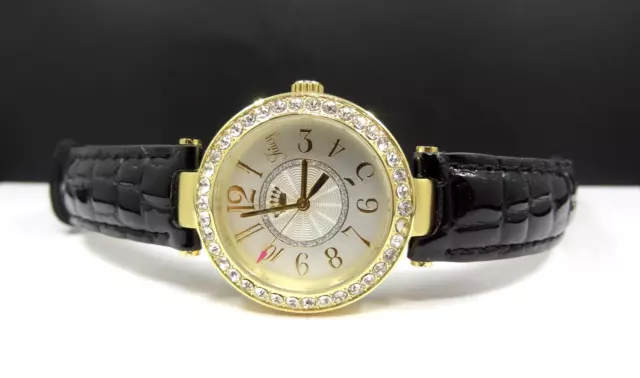 JUICY COUTURE Lively Black Leather Band Crystal Accented Gold Tone Ladies Watch