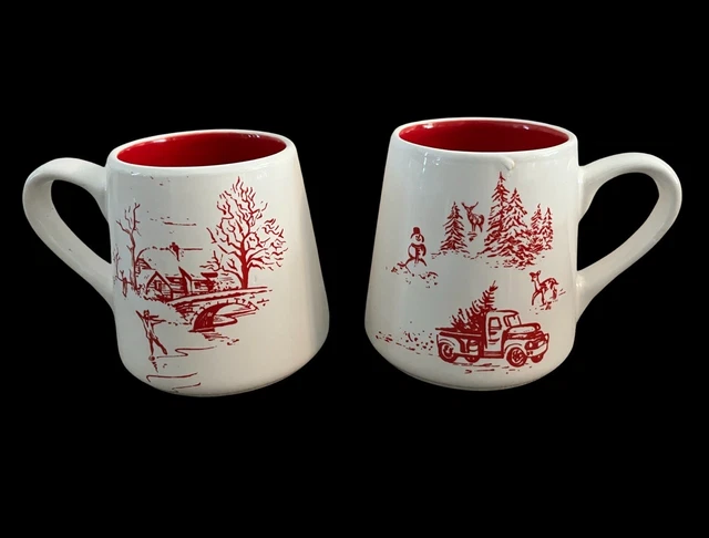 VTG Pair Red Holiday Home Christmas Joy Winter Truck Cabin Deer Fishing Mugs
