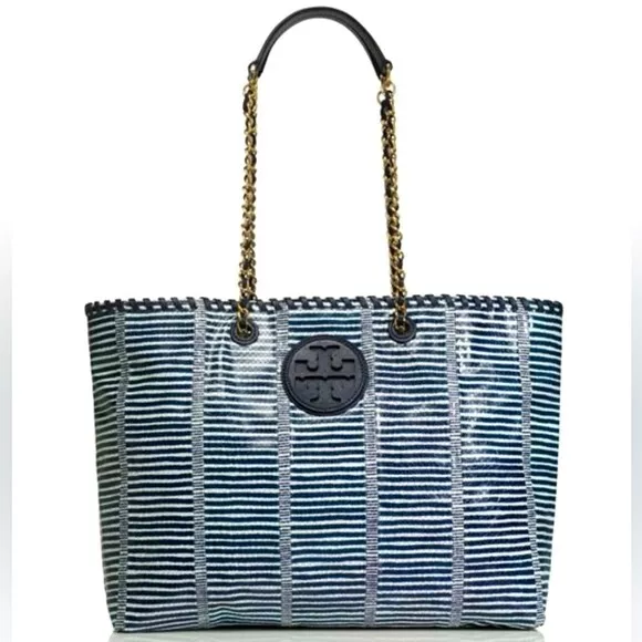 TORY BURCH Marion Patchwork EW Navy White Stripe Snake Embossed Leather Tote