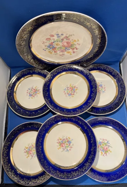 Century By Salem Cobalt Blue Floral & Gilt 10" Cake Plate & 6, 7” Serving Plates