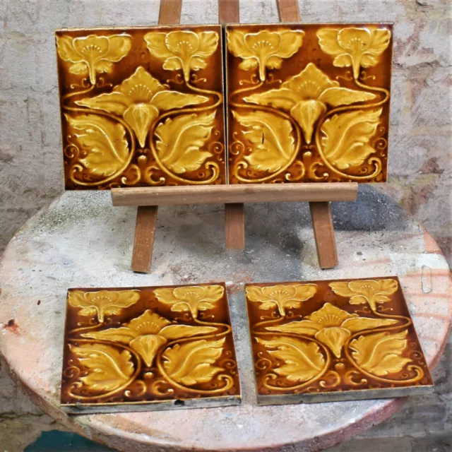 Antique 1900s Majolica Art Nouveau Tiles  Relief Moulded Flower Design Four