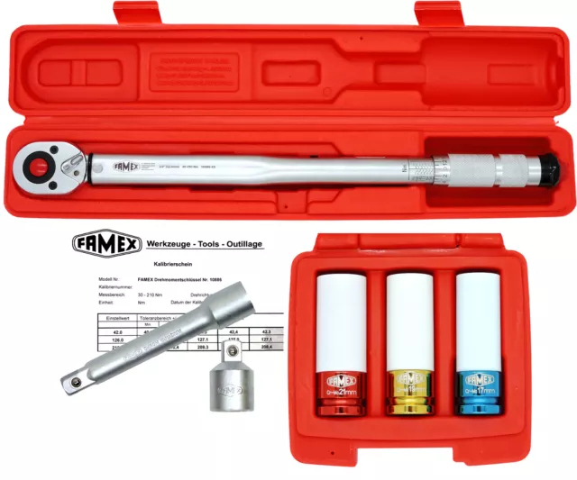 FAMEX 10886-3N-KS Drehmomentschlüssel 1/2" Set Werkzeug Auto Pkw Kfz 30-210 Nm