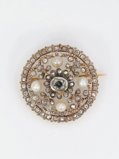 Broche Ronde Vintage - Perle Centrale Noire - Métal Fantaisie - Occasion - Sans Marque
