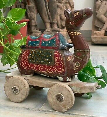 Vintage Wooden Camel Statue On Wheels Painted Hand Carved Figurine Decor Figure