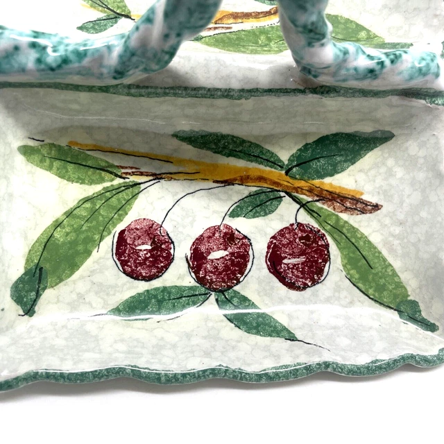 Italian Majolica Pottery Cherry Divided Candy Dish 1950s Hand Painted Handle