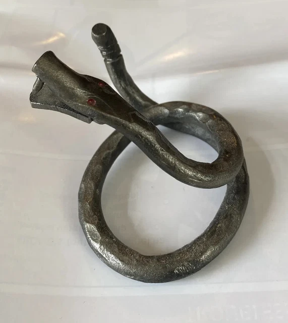 Snake Hand Forged Iron Sculpture Primitive Fangs Red Eyes Rattle Signed
