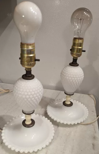 Pair of 2 Vintage MCM 1950's White Milk Glass Hobnail Boudoir Table Lamps tested