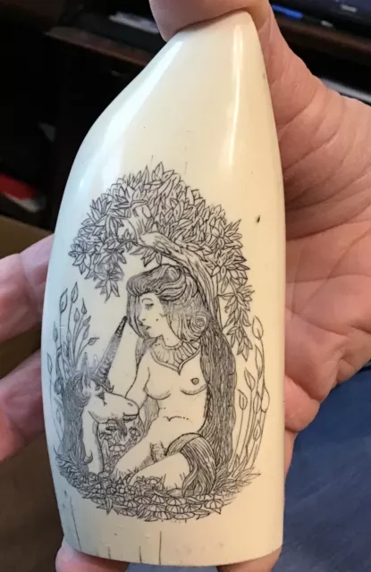 Scrimshaw Resin Reproduction Tooth "Unicorn And Beautiful Lady"