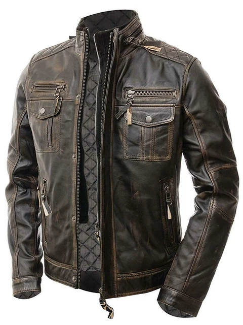 Giacca da uomo moto biker vintage effetto invecchiato marrone cafe racer vera pelle
