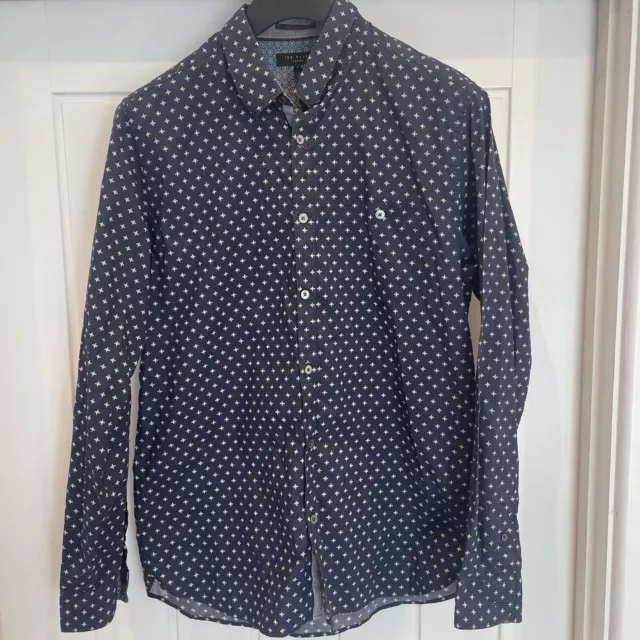 Ted Baker Shirt Size 4 UK Large Blue Mens Long Sleeve Geometric Pattern