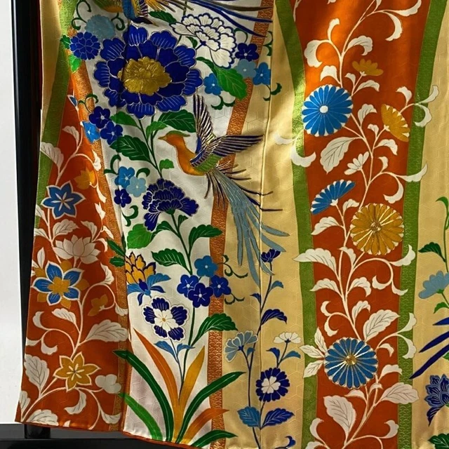 Japanese Kimono Furisode Pure Silk Long-Tailed Fowl Flower Embroidery Orange 3