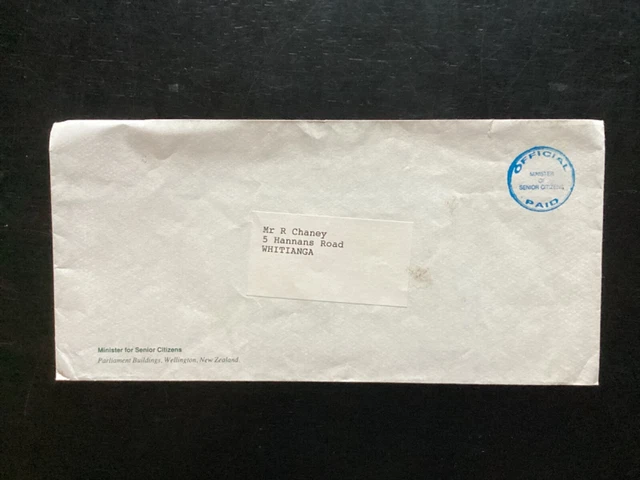 NZ 1980s Minister for Senior Citizens Official Paid Cover  (NZF259)