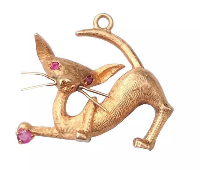 Vintage 18k SIAMESE CAT w/RUBIES PENDANT CHARM YELLOW GOLD Handworked