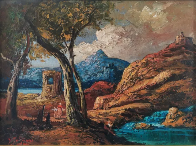 Ancien Paysage Médiéval d'Automne en Italie avec Figures Peinture à Huile signée