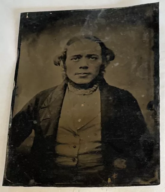 Vintage Tintype Man Sitting wThinning/Wavy on Sides Hair/Half Beard/Gold/Buttons