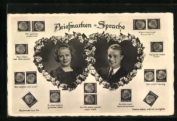 AK Briefmarkensprache, Wo treffen wir uns?, Sei nicht traurig, Vergiss mein nic