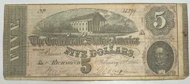 1864 $5 Five Dollars CSA Confederate States America Richmond Civil War Note