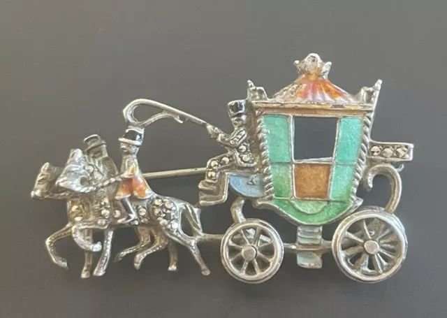 BROCHE ARGENT MASSIF Émaillée Calèche Chevaux Voiture Ancienne Cavalier Vintage EUR 19,90 - PicClick FR