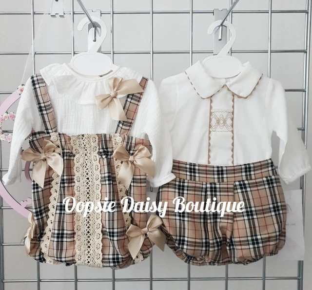 Girls Caramel Tartan Romper Sets & Boys Shorts Set